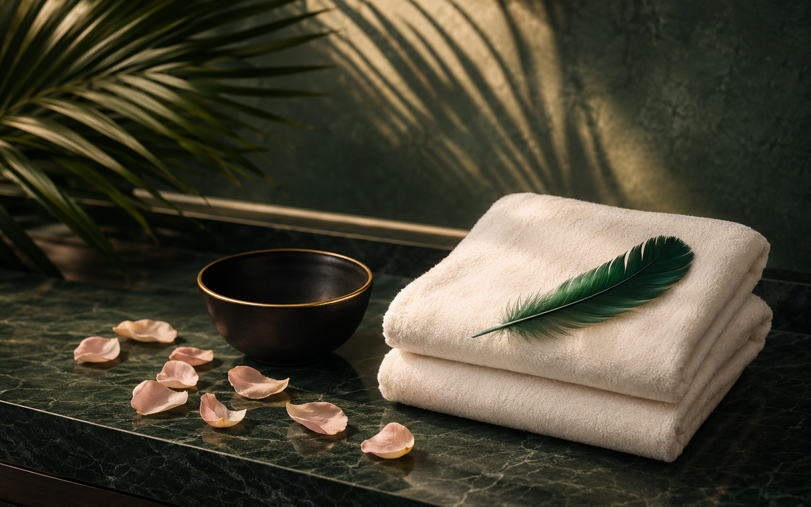 Emerald stone spa setting with ivory towels, a gold-rimmed treatment bowl, rose petals, and an emerald feather